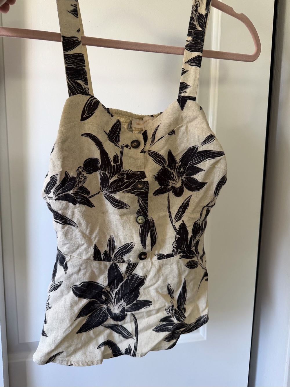 Black Floral Button-Front Linen Blend Cami Top - Women